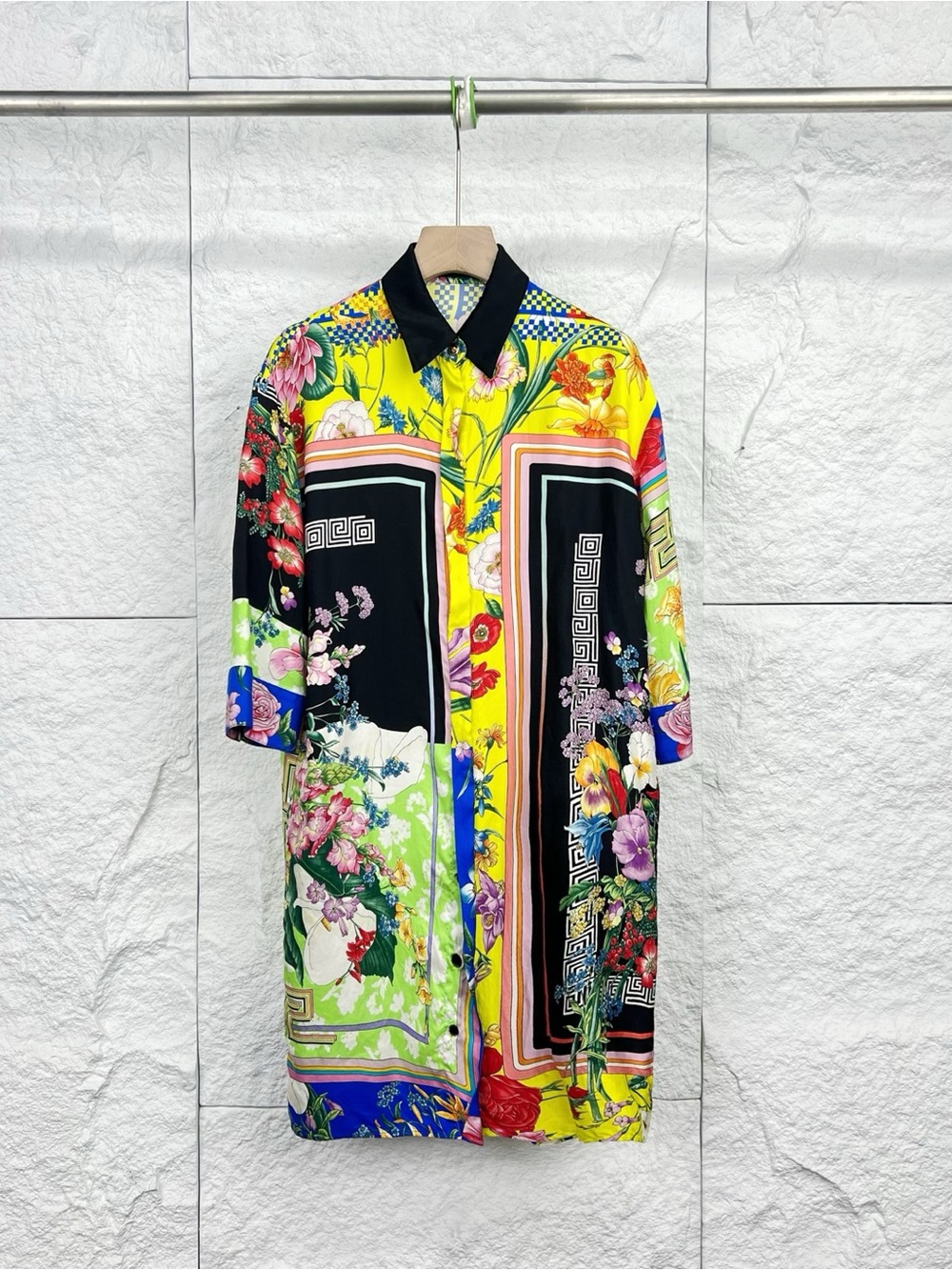 Versace Yellow Multicolor Floral Panel Trench Coat with Black Collar